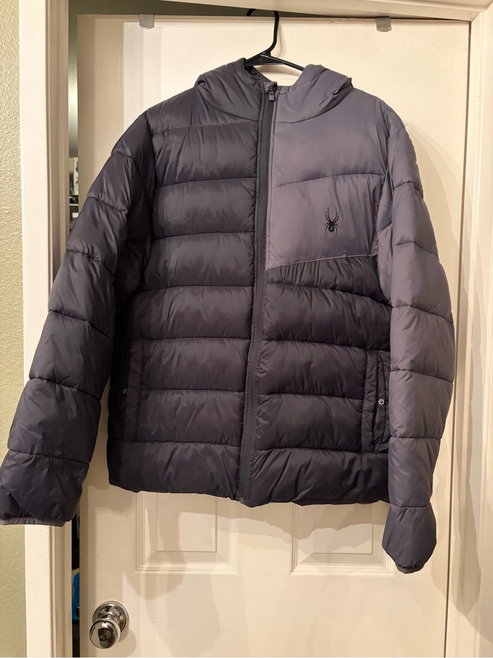 Spyder Men’s Hooded Puffer Jacket — Black/Dark Gray